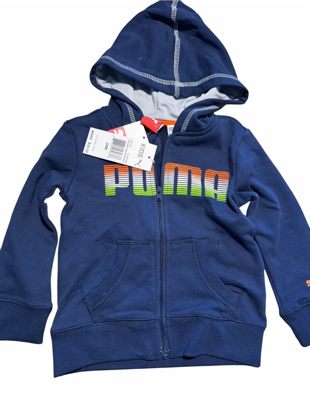 Puma Kids Navy Hoodie with Orange-Green Gradient Logo